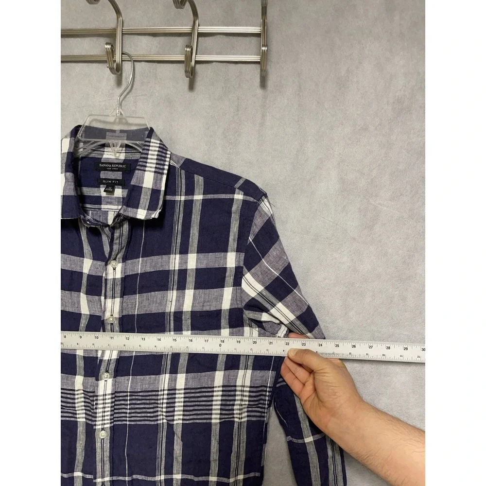 Banana Republic Shirt Men M Blue Plaid Linen Slim Button Up‎ Academia Vacation
